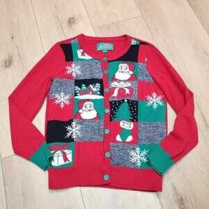 Ugly Christmas Sweater Womens Size S Patchwork Cardigan Button Up 100% Cotton